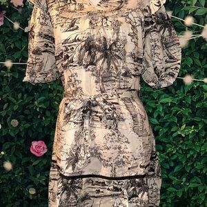 Umgee Black and Cream Scenic Print Mini Dress